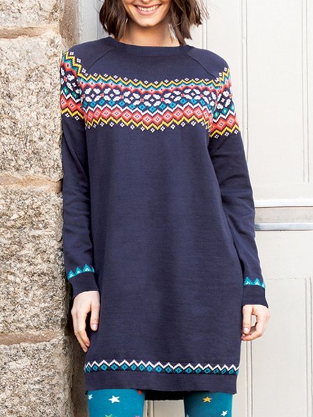 

Tribal Printed Casual Vintage Loosen Dresses, Blue, Mini Dresses