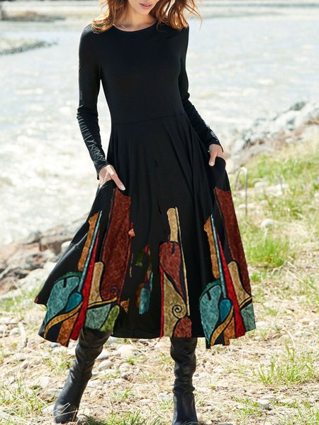 

Crew Neck Cotton Dresses, Black, Midi Dresses
