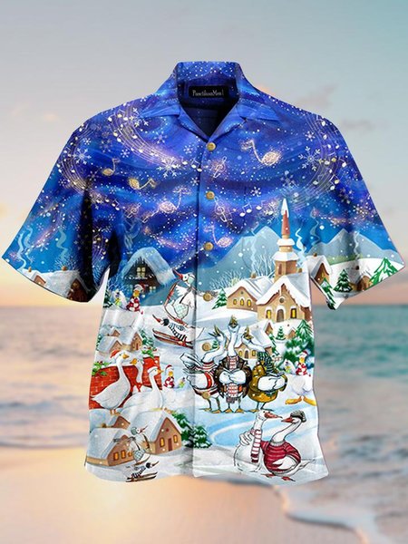 

Mens Christmas Print Loose Short Sleeve Shirts, Blue, Men's Floral shirt