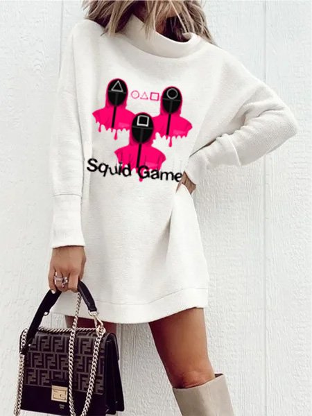 

Loosen High Neck Dresses, White, Mini Dresses