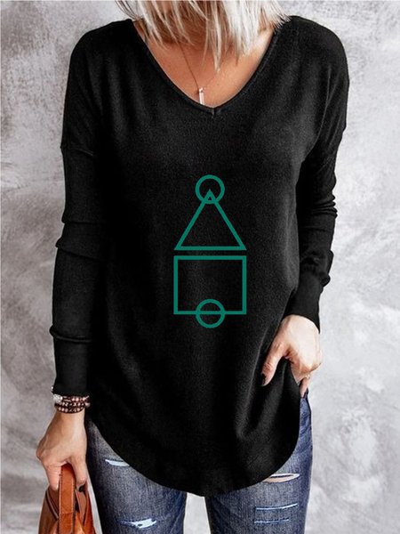 

Squid Game Casual V neck Geometric Long Sleeve Shirts & Tops, Black, T-Shirts