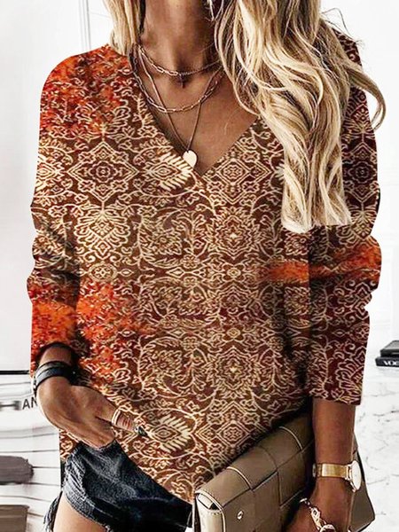 

Floral V Neck Cotton Blends Sweatshirt, As picture, Hoodies & Sweatshirts