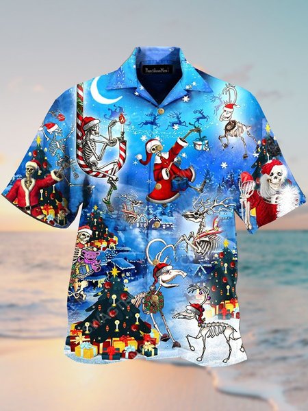 

Mens Christmas Skull Santa Animal Print Loose Short Sleeve Shirts, Blue, Men's Floral shirt