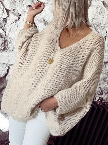 

Casual Household Daily Vintage Loosen V Neck Plain Sweater, Apricot, Sweaters & Cardigans