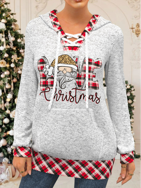 

Long sleeve V-neck Christmas Santa love Plaid top T-shirt women, Gray, Tops