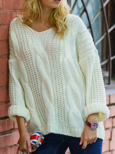 

Casual Sweet Vintage V Neck Solid Basics Sweater, White, Knitwear & Sweaters