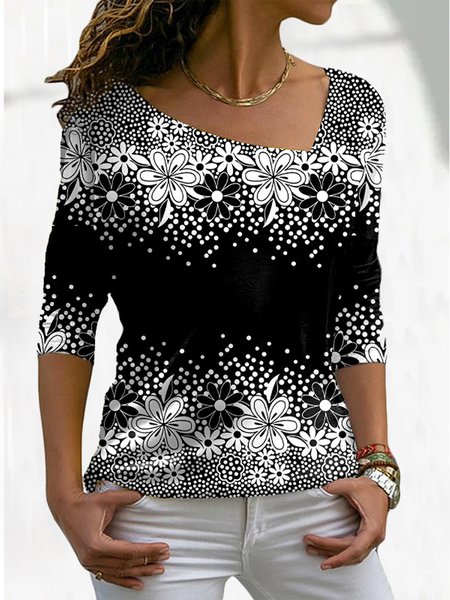 

Casual Floral Color Block Shirts & Tops, Black-white, Long sleeve tops