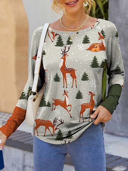 

Christmas Printed Color Block Raglan Sleeve Crew Neck Shirts & Tops, Green, Long sleeve tops