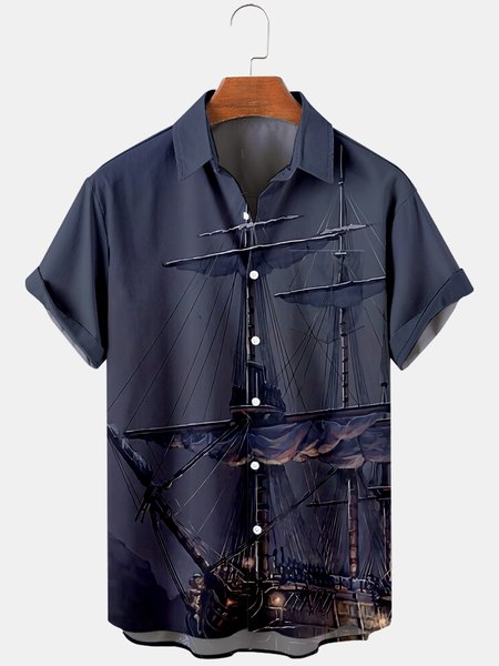 

Casual Short Sleeve Shirts, Deep blue, Men's Floral shirt