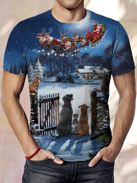 

Christmas print round neck short sleeve T-shirt, As picture, T-shirts