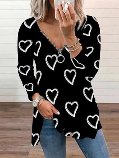 

Casual Printed Loosen V Neck Long Sleeve Shirts & Tops, Black, Tops