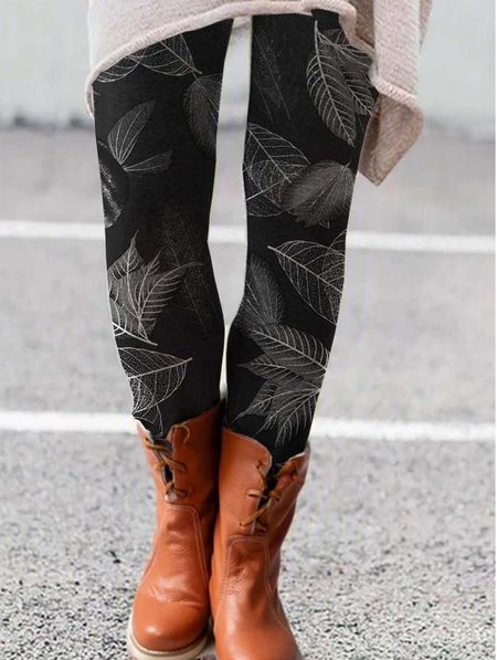 

Mid Waist Leaves Printed Casual Leggings, Deep gray, Leggings