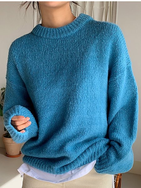 

Casual Round Neck Basic Long Sleeve Loose Solid Sweater, Blue, Sweaters & Cardigans