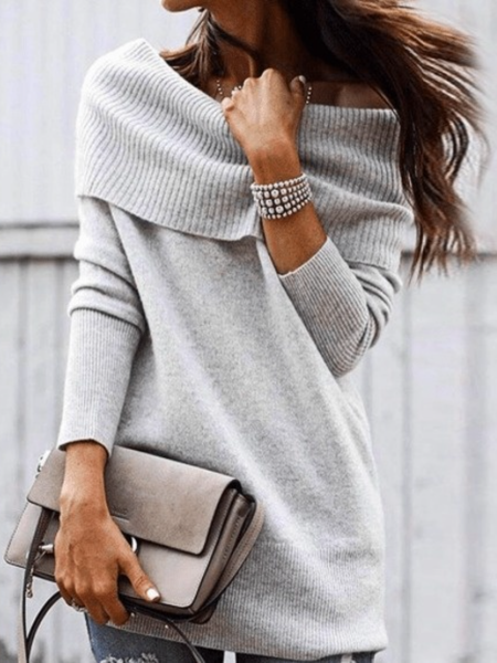 

Fall Plain Elegant Boat Neck Elegant Simple Long sleeve Sweater, Gray, Pullovers