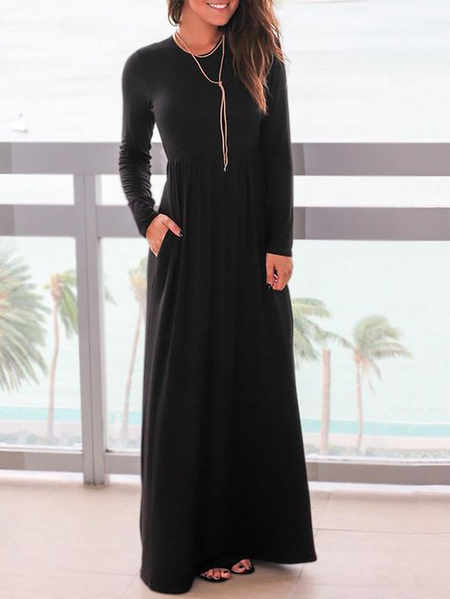 Plus size Long Sleeve Crew Neck Plain Dresses, Black, Maxi Dresses