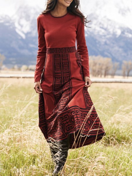 

Regular Fit Vintage Crew Neck Dresses, Red, Midi Dresses