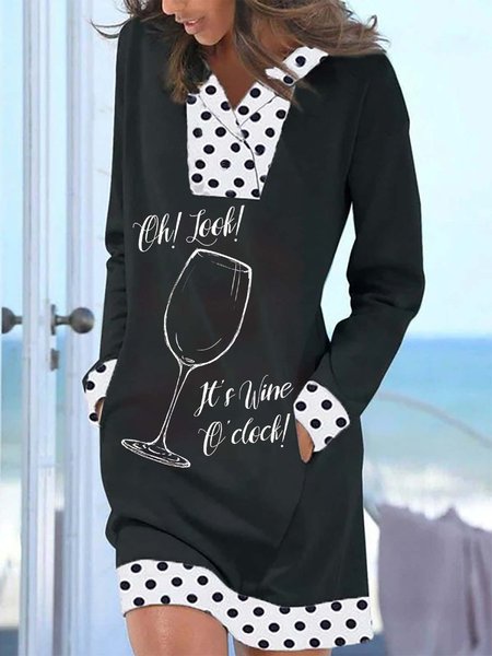 

Casual Print Long Sleeve V Neck Mini Dresses, Black, Mini Dresses