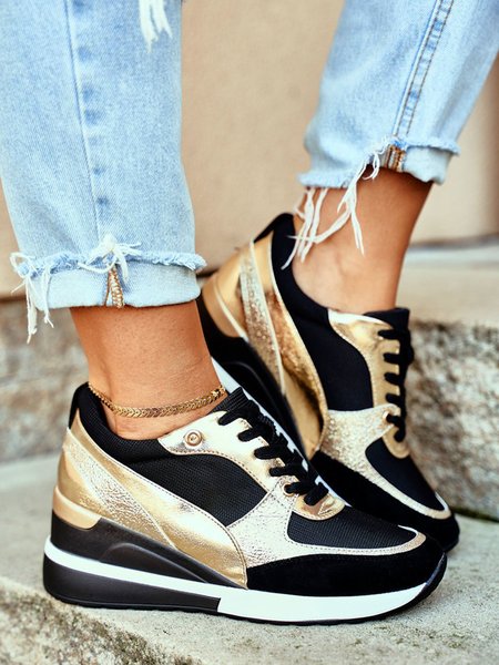 Casual Stitching Sneakers, Golden, Sneakers