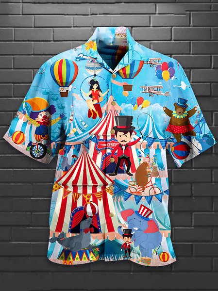 

Mens Circus Show Print Loose Short Sleeve Shirts, Blue, Men's Floral shirt