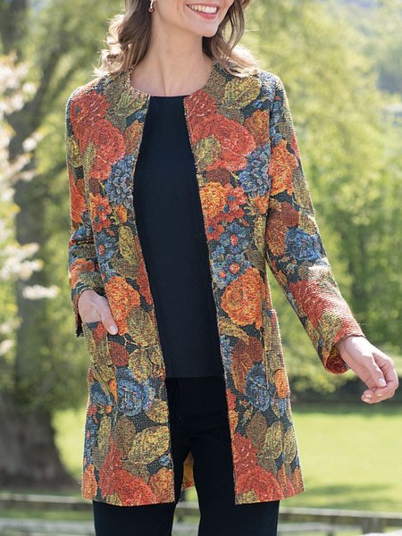 

Floral Regular Fit Woolen Outerwear, As picture, Outerwear