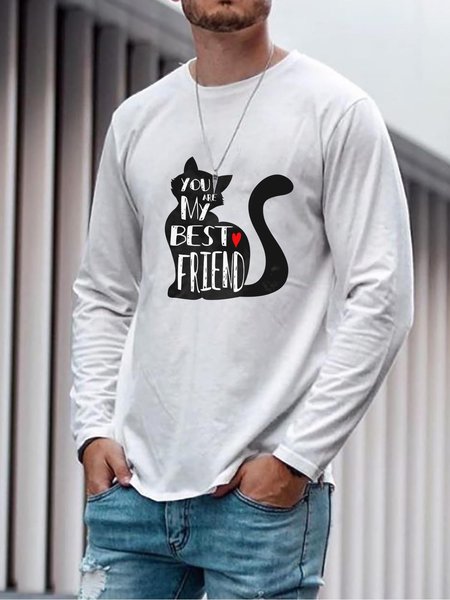 

Funny Cat Graphic Long Sleeve Loose Tee, White, T-shirts