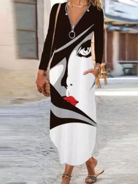 

Vintage Cotone Abito, Nero-bianco, Maxi Dresses