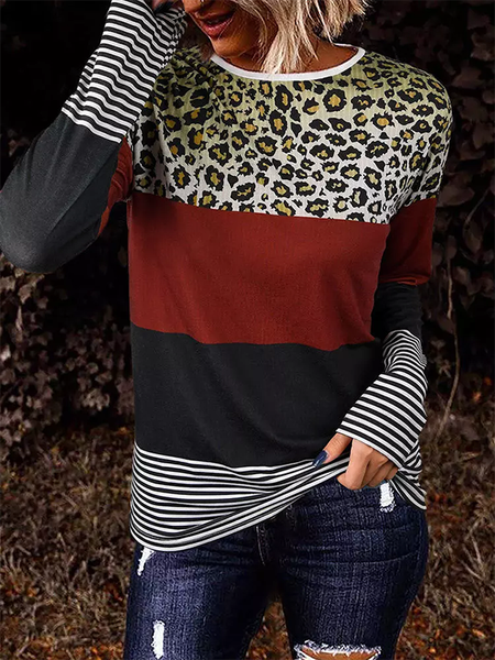 

Leopard Color Block Crew Neck Casual Shirts & Tops, Multicolor, T-Shirts
