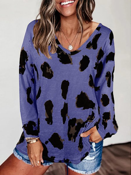 

Vintage Leopard Printed Long Sleeves Shirts & Tops, Blue, Tops