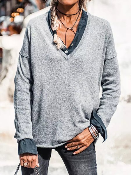 

Plain Casual V Neck Sweater, Gray, Sweaters & Cardigans