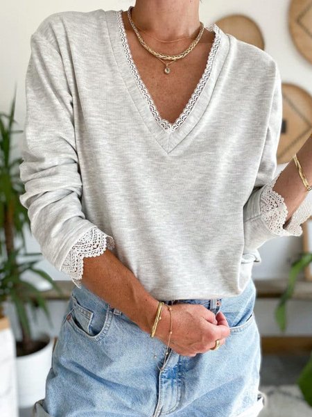 

Casual Cotton Loosen Tops, Light gray, Long sleeve tops