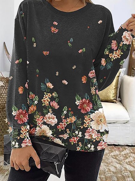 

Casual Floral Print Round Neck Long Sleeve T-Shirts & Tops, Black, Long sleeve tops