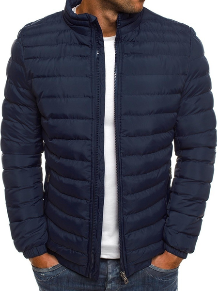 

Stand Collar Long Sleeve Fleece Coat, Navyblue, Outerwear