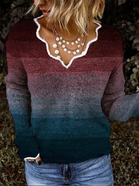 

Casual V neck Ombre Long Sleeve Shirts & Tops, Multicolor, Tops