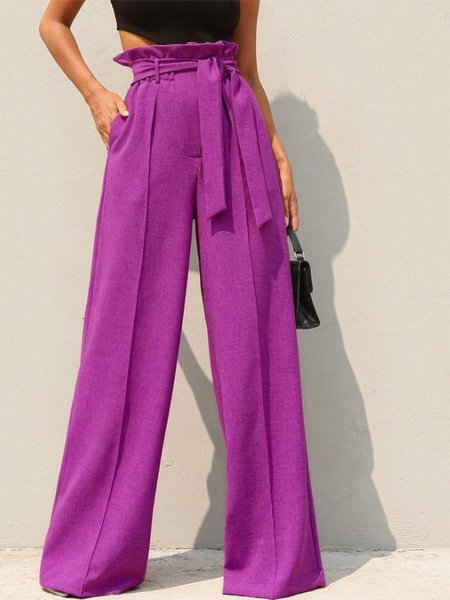 

Work Regular Fit Solid Long Pants, Purple, Wide Leg Pants