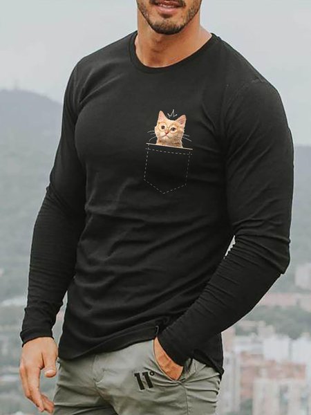 

Funny Cat Graphic Long Sleeve Loose Tee, Black, T-shirts