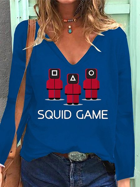 

Loosen Casual V Neck Shirts & Tops, Blue, T-Shirts