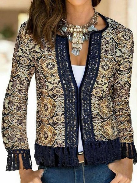 

Boho Tribal Geometric Printed Tassel Plus Size Casual Cardigan Outerwear, Multicolor, Outerwear