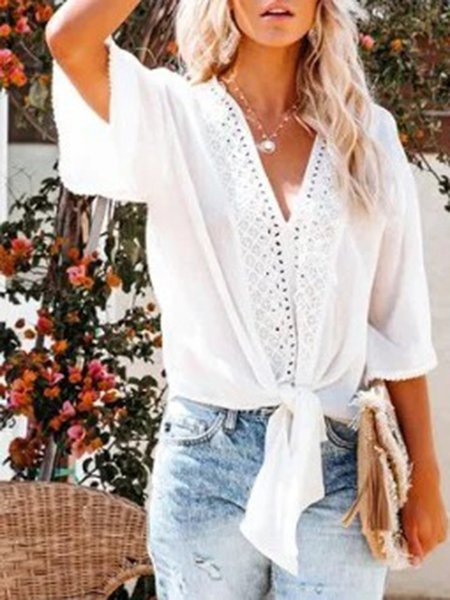 

V Neck Resort Half Sleeve Blouse, White, Blouses and Shirts