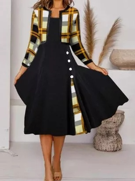 

Color Block Tunic Round Neckline Fake Two Piece Midi A-line Dress, Black, Casual Dresses