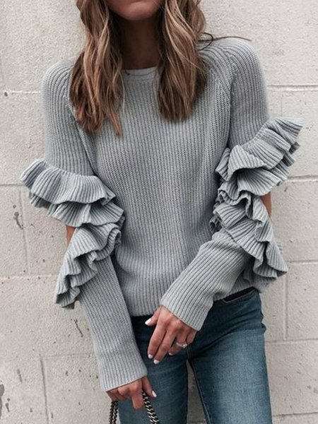 

Long Sleeve Crew Neck Casual Sweater, Gray, Pullovers
