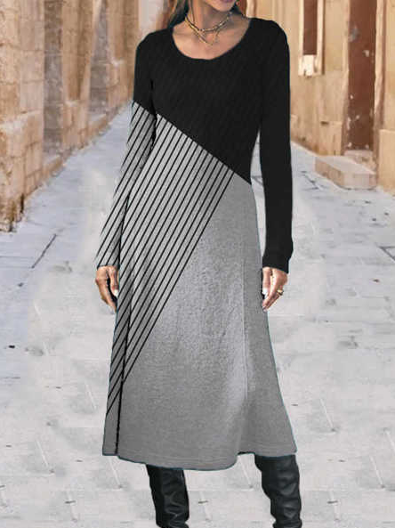 

Casual Print Crew Neck Long Sleeves Shift Dress, Gray, Maxi Dresses