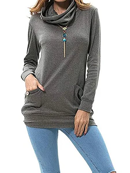 

Loosen Solid Vintage High Neck Shirts & Tops, Deep gray, Tops