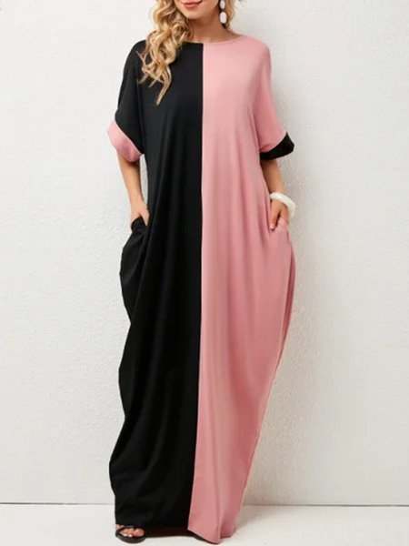 

Shift Date Casual Plain Short Sleeve Color-Block Paneled Maxi Dress, As picture, Maxi Dresses