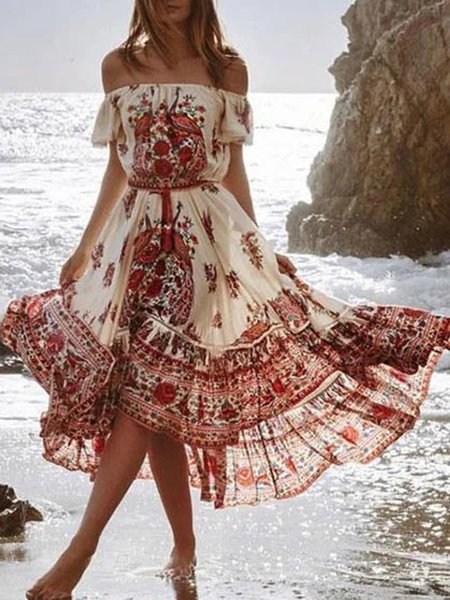 

Short Sleeve Boho Weaving Dress, As picture, Midi Dresses