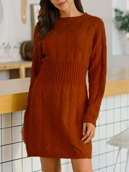 

Fall A-line Simple Mid-weight Crew Neck Daily Long sleeve Dresses, Caramel, Mini Dresses