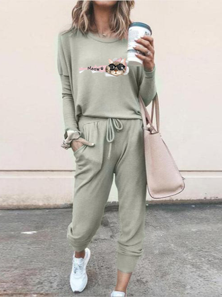 

Animal Crew Neck Cotton Blends Suits, Green, Two-piece Outfits