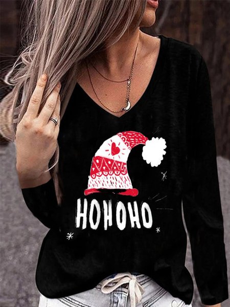 

Casual Long Sleeve V Neck Printed Top, Black, T-Shirts