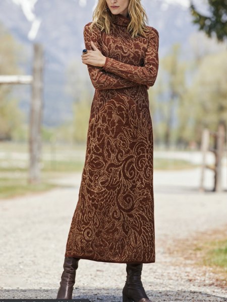 

etnico alto Collo Regolare In forma Abito, Rosso mattone, Maxi Dresses