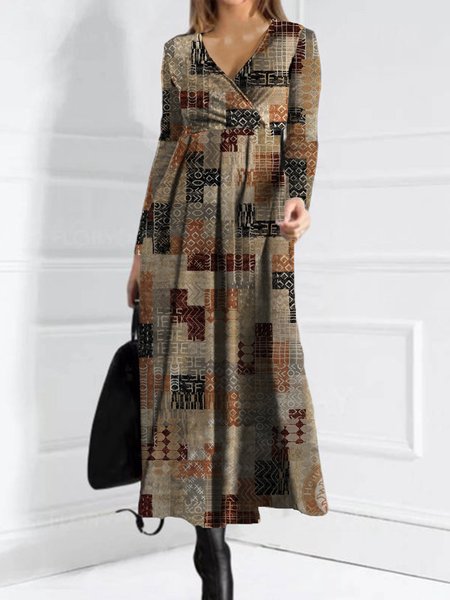 

Geometric Vintage V Neck Dresses, Brown, Maxi Dresses