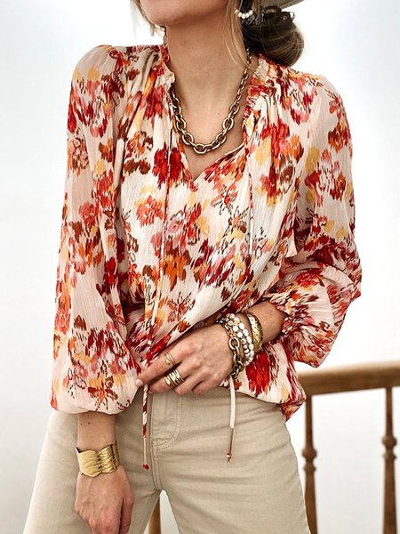 

Floral Casual Loosen V Neck Shirts & Tops, Khaki, Shirts & Blouses